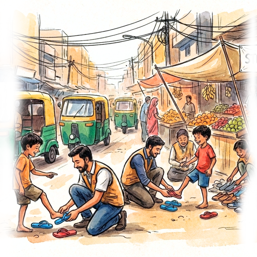 In Delhi’s chaos, bare feet turned into smiles with the gift of slippers. - Delhi Slipper Donation