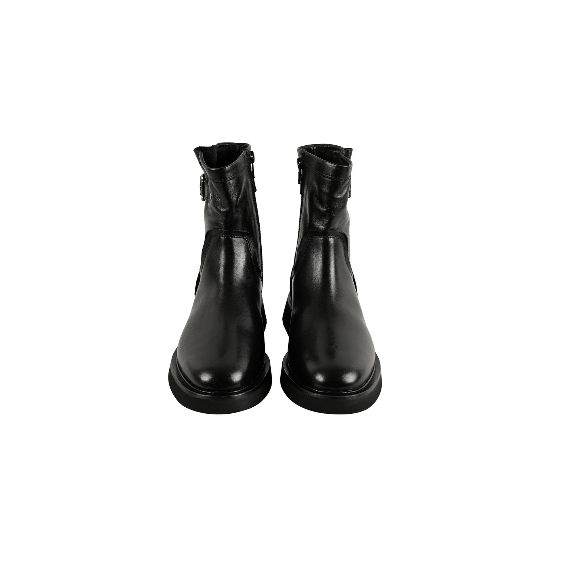 Pair of black leather boots on a white background